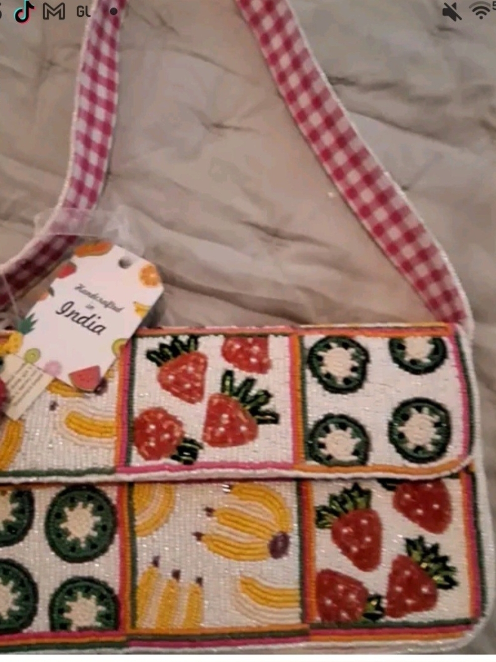 Beaded Fruit Patchwork Shoulder Bag - Pink Gingham Strap Nwt
